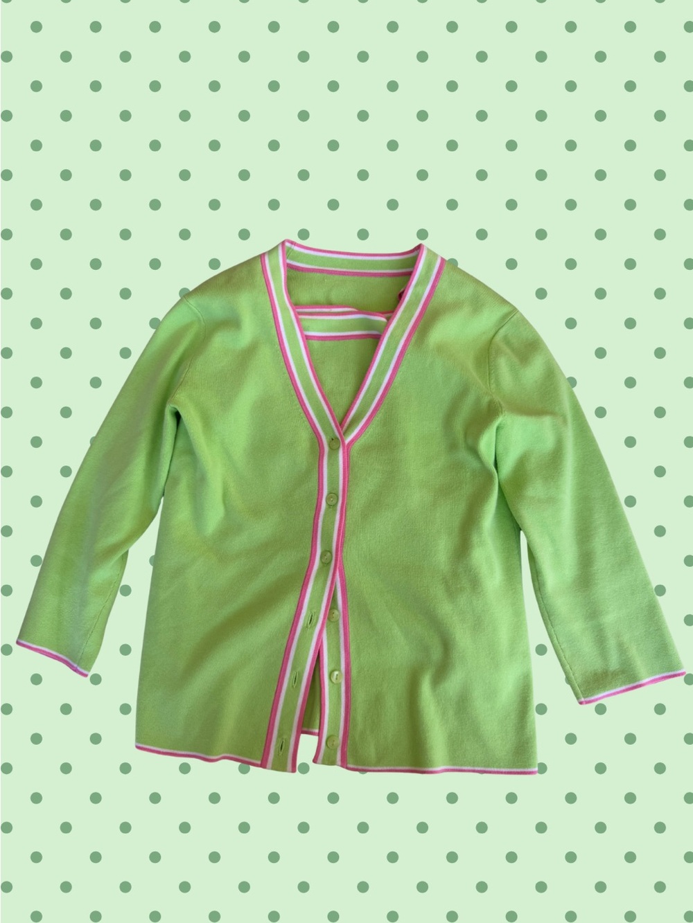 David Brooks Y2K Lime Green Pink Trim Cardigan Preppy